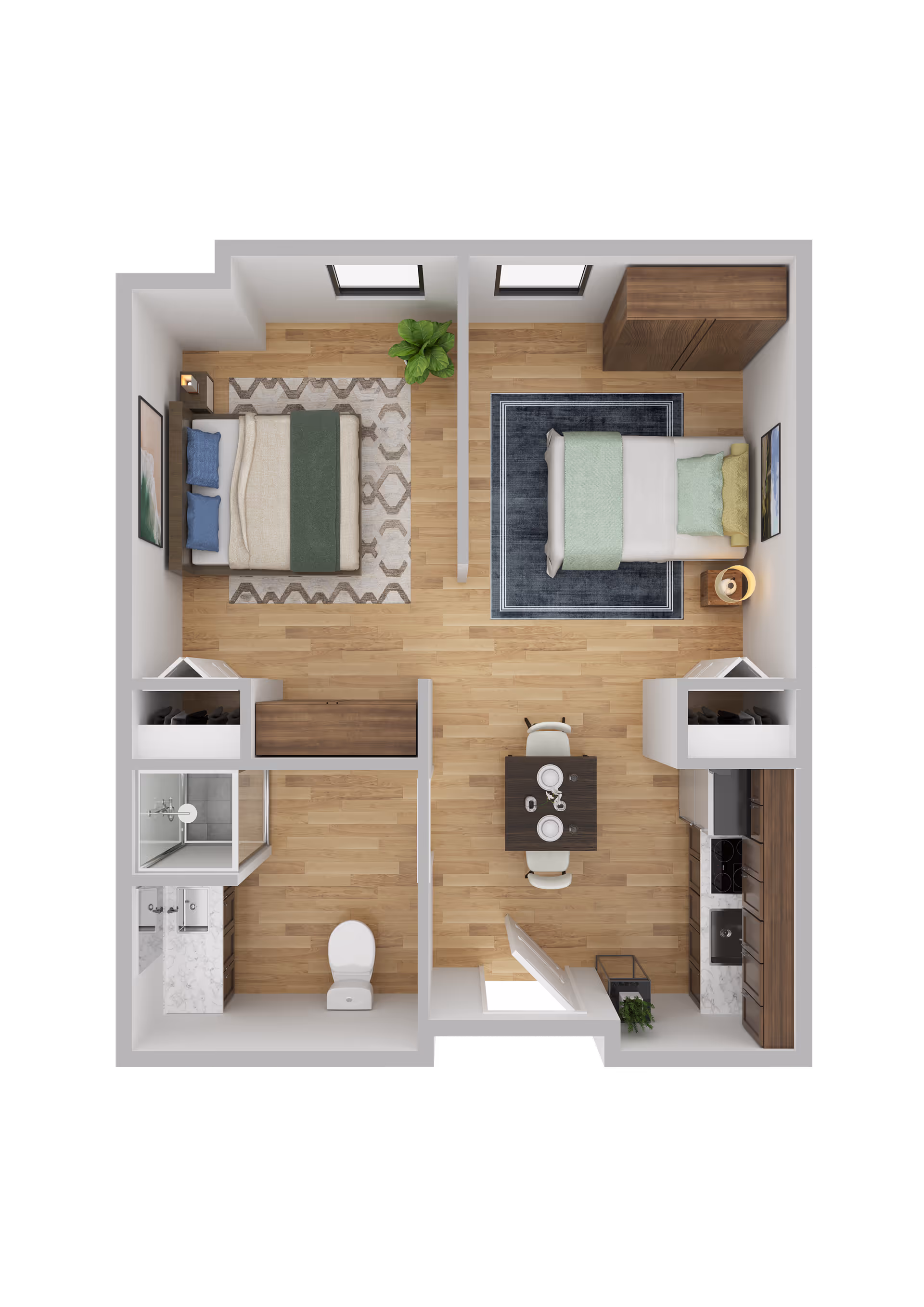 Top-down view of a two-bedroom apartment floor plan featuring two separate bedrooms, a bathroom with a shower, toilet, and sink, a dining area with a table set for two, and a kitchen equipped with a stove, sink, and cabinets. The bedrooms have beds, rugs, and some furniture, with windows providing natural light.