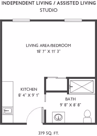 Floor plan of a studio apartment for independent or assisted living at Traditions of Deerfield, showing a living area/bedroom measuring 18 feet 7 inches by 11 feet 3 inches, a kitchen measuring 8 feet 4 inches by 9 feet 1 inch, and a bathroom measuring 9 feet 8 inches by 8 feet 8 inches, totaling 379 square feet.