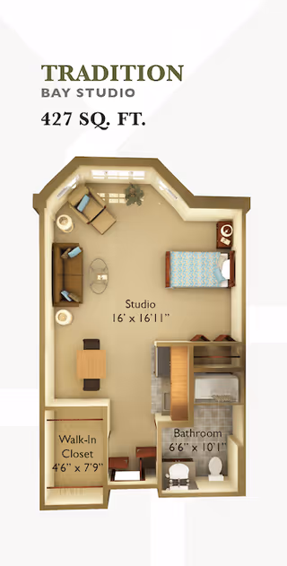 Floor plan of the Tradition Bay Studio at Heritage Place Assisted Living & Memory Care, showing a 427 square foot studio apartment with a living and sleeping area measuring 16 feet by 16 feet 11 inches, a walk-in closet measuring 4 feet 6 inches by 7 feet 9 inches, and a bathroom measuring 6 feet 6 inches by 10 feet 1 inch.