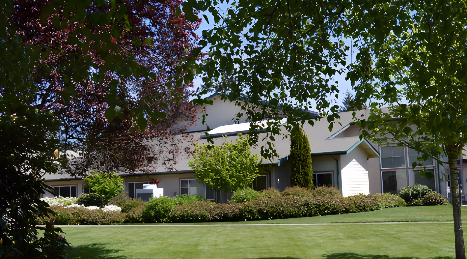 View of a building partially obscured by trees and bushes with a well-maintained green lawn in the foreground under a clear blue sky.