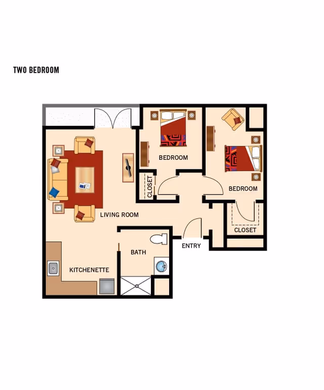 Floor plan of a two-bedroom assisted living unit showing a living room with sofa and chairs, a kitchenette, a bathroom, an entry area, and two bedrooms each with a bed, nightstands, and closets.