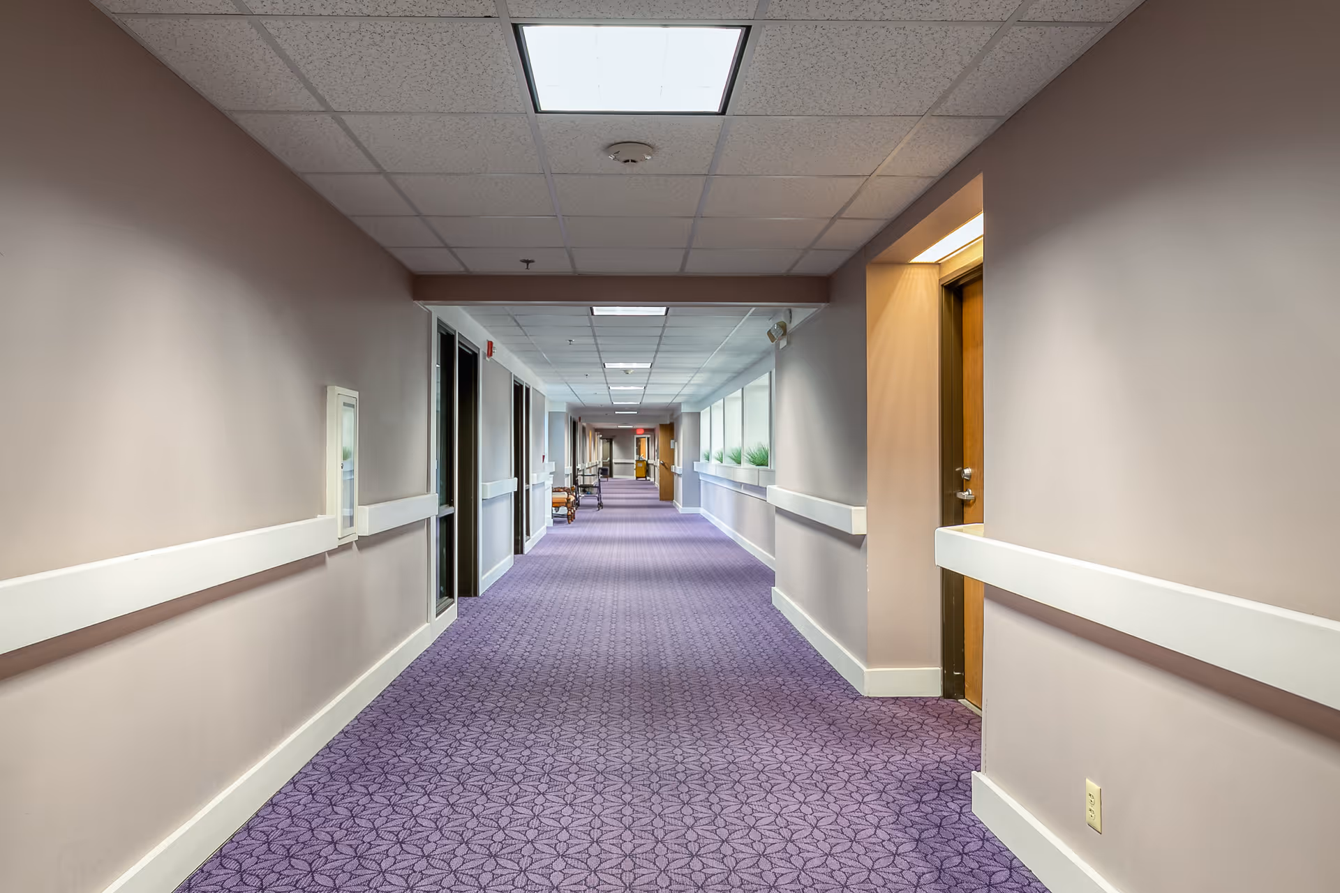 A long, well-lit hallway in a senior living facility with purple patterned carpet, beige walls, and white handrails on both sides. Several doors and windows with plants on the right side are visible, along with ceiling lights and a smoke detector.