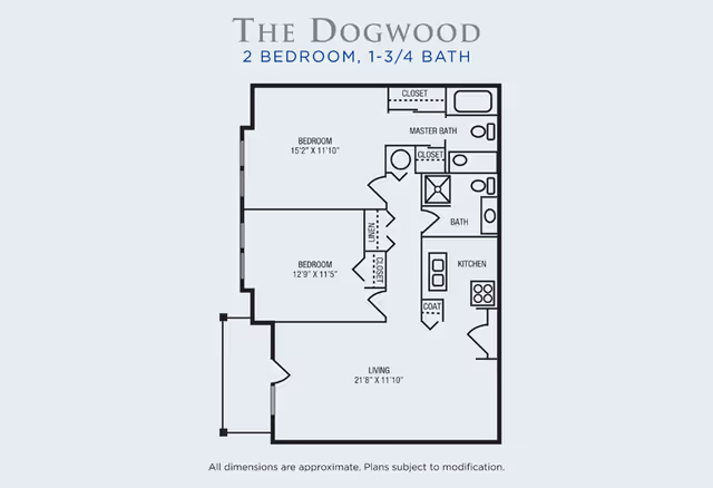 Floor plan of The Dogwood, a 2 bedroom, 1-3/4 bath apartment layout showing dimensions and room labels including two bedrooms, master bath, bath, kitchen, coat closet, linen closet, and living area.