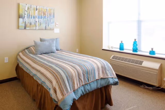 A neatly made single bed with a striped bedspread and two gray pillows in a small, well-lit bedroom. There is a large window with blinds, a heating/cooling unit below the window, and a painting of birch trees on the wall above the bed.