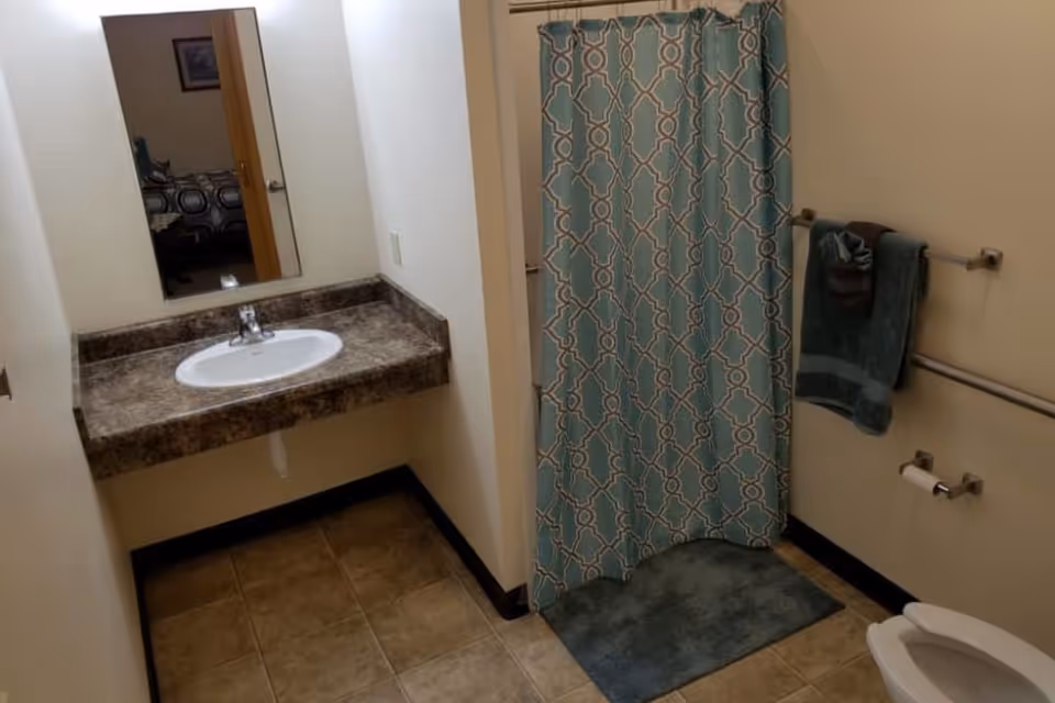 Bathroom with a sink and countertop on the left, a mirror above the sink, a shower with a blue patterned curtain, a blue bath mat, and towels hanging on a towel rack next to the toilet.