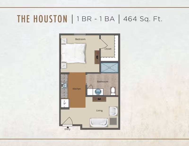 Floor plan of The Houston apartment at The Canopy at Azalea Grove, showing a 1 bedroom, 1 bathroom layout with 464 square feet. The plan includes a bedroom with a closet, a bathroom, a kitchen area, and a living room with an entry door.