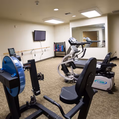 Indoor fitness room with a rowing machine, recumbent bikes, treadmill, wall mirror, TV, and a rack of hand weights.