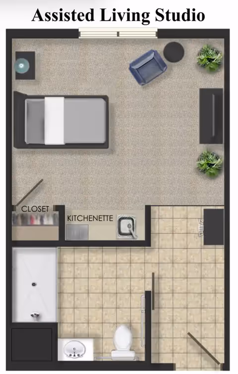 Top-down floor plan of an assisted living studio showing a combined sleeping/living area with a kitchenette and closet, plus a tiled bathroom with tub, sink, and toilet.