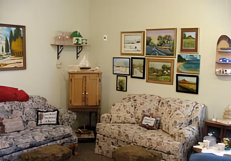 Cozy living room with two patterned sofas, an ottoman, a wooden cabinet and a gallery wall of framed landscape paintings.