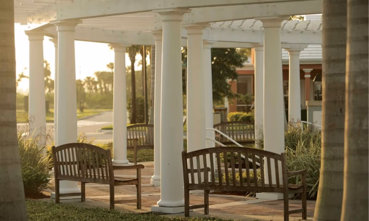 Wooden benches beneath a white columned pergola in a landscaped outdoor seating area.