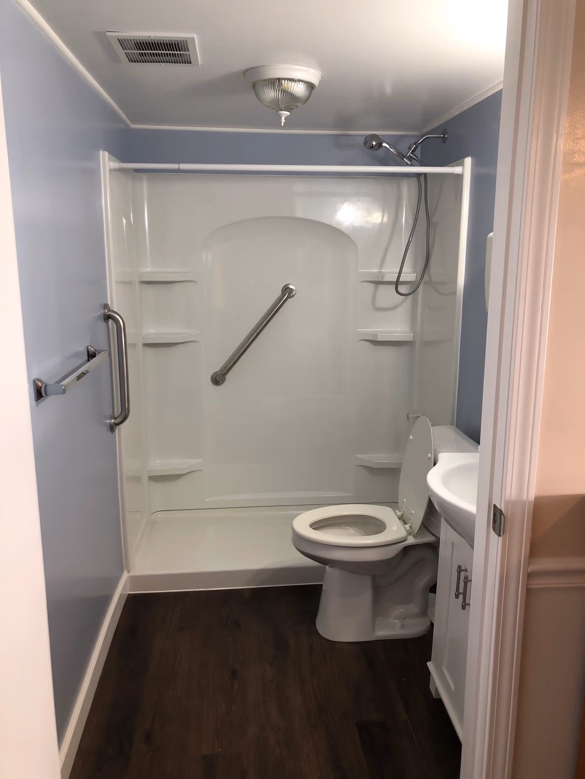 Accessible bathroom with a walk-in shower stall featuring a diagonal grab bar and handheld showerhead, plus a toilet and sink.