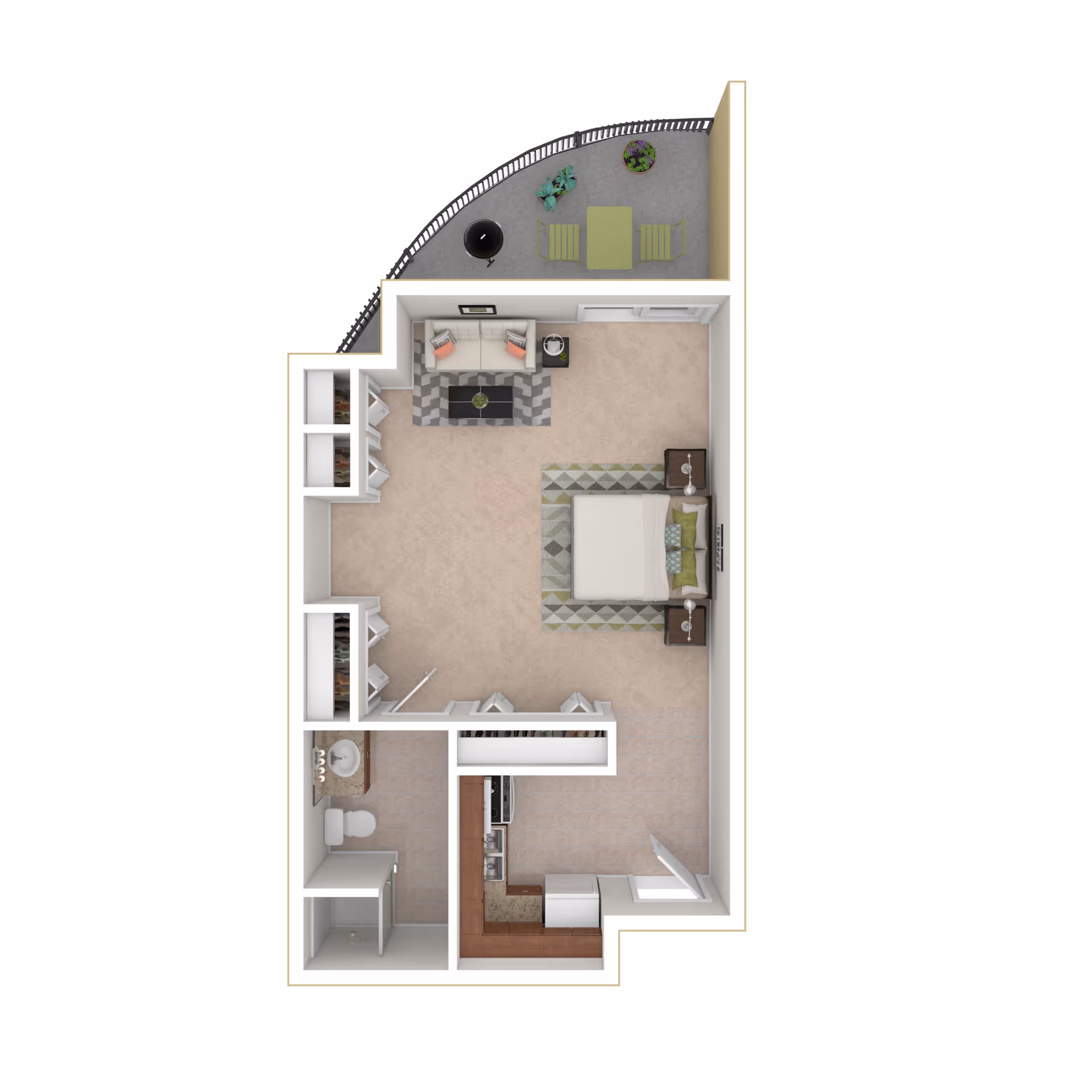 3D floor plan of a studio apartment featuring a combined living and sleeping area with a bed, sofa, coffee table, and side tables. The apartment includes a kitchen with appliances, a bathroom with a toilet and sink, and a balcony with outdoor seating and plants.