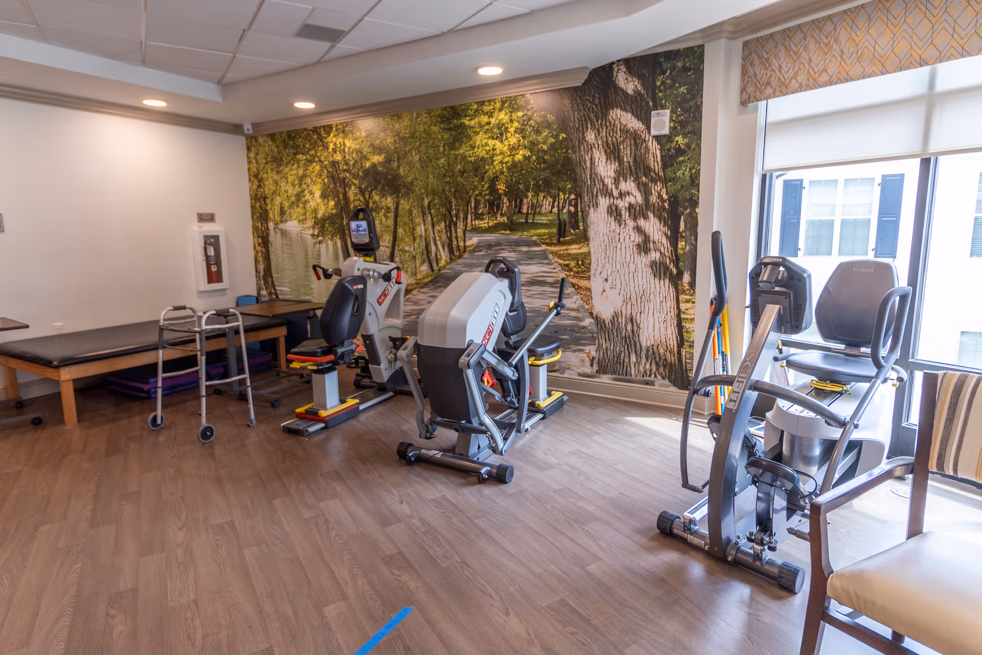 A fitness room with exercise equipment including stationary bikes and a walker. The room has wood flooring, a large wall mural of a tree-lined path, and a window with blinds letting in natural light. There is also a padded table and a chair with a striped cushion.