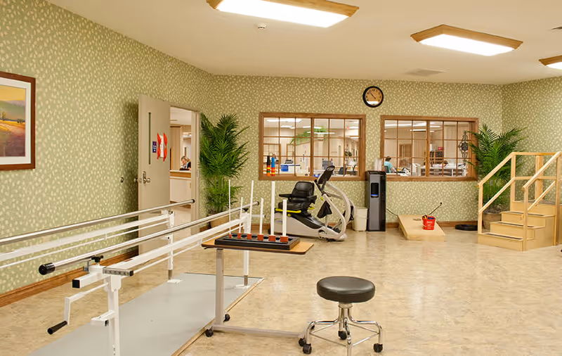 A rehabilitation or physical therapy room with parallel bars for walking exercises, a stationary exercise bike, a stool on wheels, a wooden ramp with a red bucket, and a pegboard for hand exercises. The room has green patterned wallpaper, a clock on the wall, two large windows looking into another room, and a door partially open with a person visible inside. There are also two potted plants and a small wooden staircase.