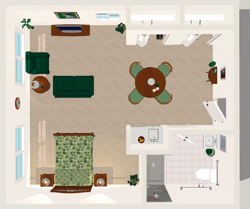 Top-down floor plan of a senior living apartment featuring a bedroom with a bed and two nightstands, a living area with a sofa, armchair, coffee table, and TV, a dining area with a round table and four chairs, a small kitchen sink area, and a bathroom with a shower, toilet, and sink.