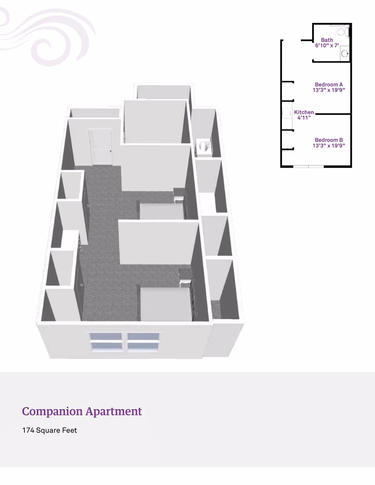3D floor plan of a companion apartment at Coventry Meadows Assisted Living showing two bedrooms, a small kitchen, and a bathroom. The layout includes two beds separated by a partial wall, a bathroom with a toilet and shower, and a compact kitchen area.