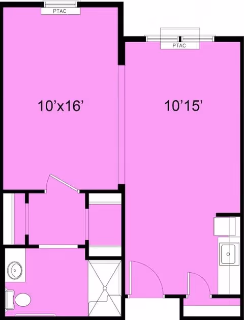 Floor plan layout showing two main rooms with dimensions 10'x16' and 10'x15'. Includes a bathroom with a toilet and sink, a shower area, and a kitchenette with a sink. PTAC units are indicated in both main rooms.