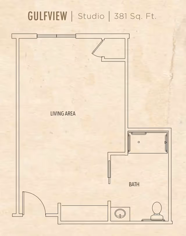 Floor plan of a studio apartment named Gulfview with a total area of 381 square feet, showing a living area and a separate bathroom with a sink, toilet, and shower.