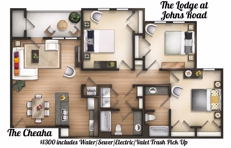 Rendered color floor plan for 'The Cheaha' apartment at The Lodge at Johns Road showing three bedrooms, two bathrooms, a kitchen, dining area, living room and a balcony.