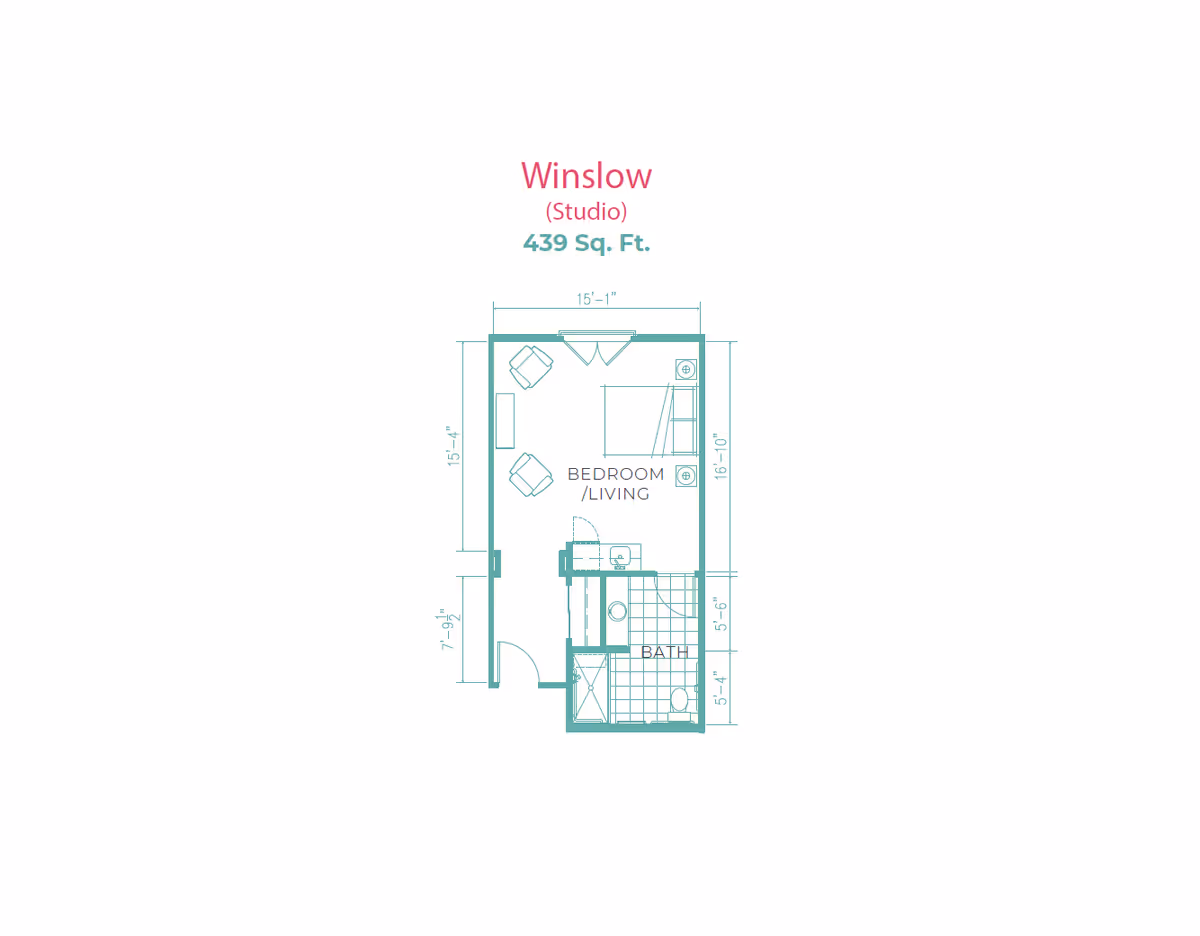 Studio floor plan labeled 'Winslow' showing a 439 sq. ft. layout with a combined bedroom/living area and a bathroom.
