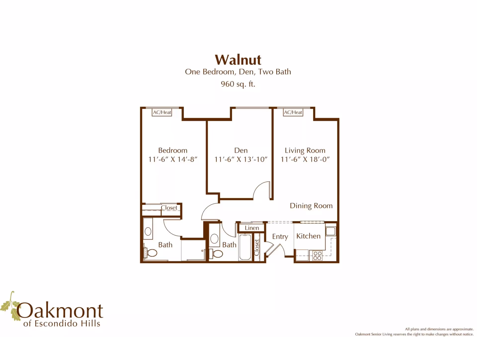 Floor plan titled "Walnut" showing a one-bedroom with den and two baths layout (960 sq. ft.).