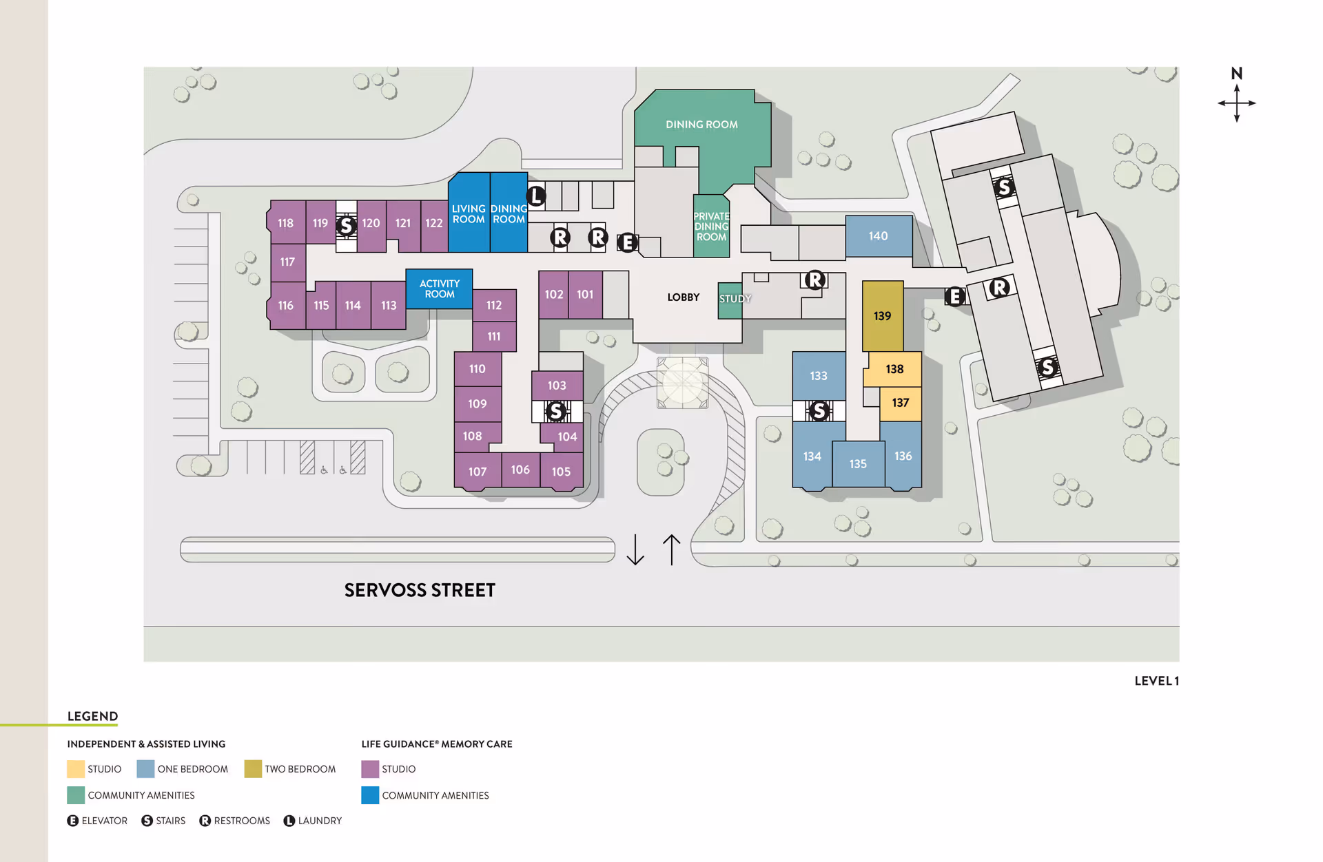 Floor plan of Atria Larson Place showing layout of rooms including independent and assisted living studios, one bedroom, two bedroom units, life guidance memory care studios, community amenities such as dining room, living room, activity room, private dining room, study, restrooms, elevator, stairs, and laundry. The plan is oriented with Servoss Street at the bottom and includes a legend for room types and symbols.