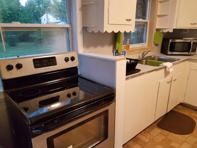 Small kitchen with an electric stove, double sink, microwave, and white cabinets beneath two windows.