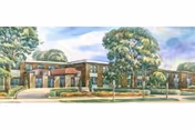 A watercolor-style illustration of a single-story brick building surrounded by trees and shrubs under a partly cloudy sky. The building has large windows and a covered entrance with a circular driveway in front.