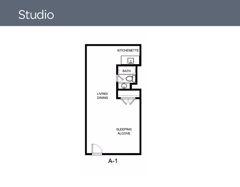 Floor plan of a studio apartment labeled A-1, showing a sleeping alcove, living/dining area, kitchenette, and a bathroom with a toilet and sink.