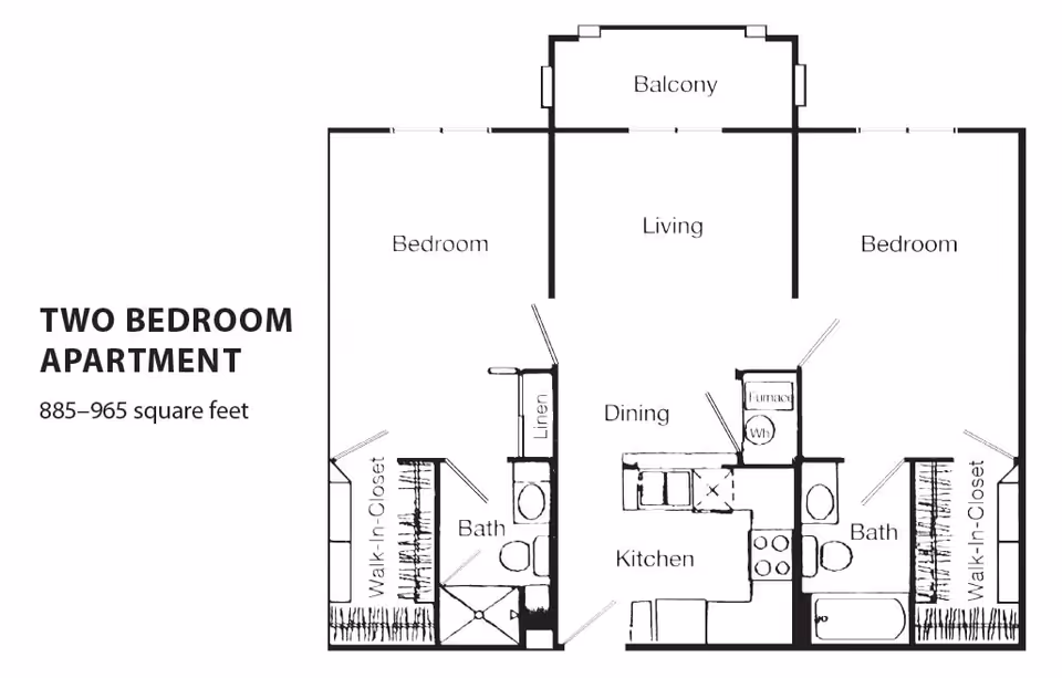 Floor plan of a two-bedroom apartment with 885 to 965 square feet, showing two bedrooms each with a walk-in closet, two bathrooms, a kitchen, dining area, living room, balcony, linen closet, and furnace/WH area.