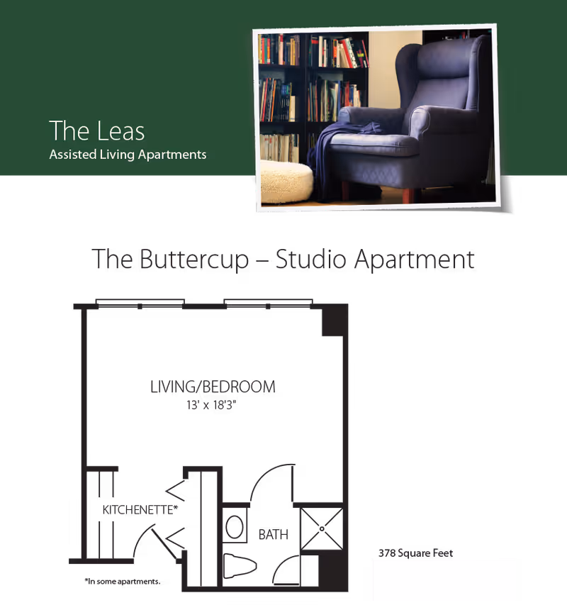 Floor plan of The Buttercup studio apartment at The Orchards at Canterbury-on-the-Lake, showing a living/bedroom area, kitchenette, and bathroom. Above the floor plan is a photo of a dark blue armchair next to a bookshelf filled with books.