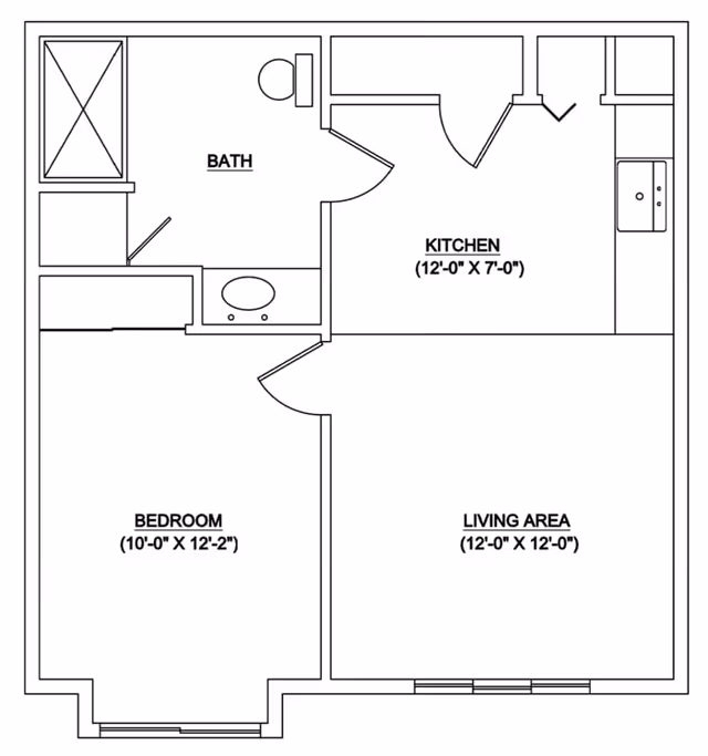 Architectural floor plan of an assisted living unit at Brighton Court Assisted Living showing a bedroom, bath, kitchen, and living area with dimensions.