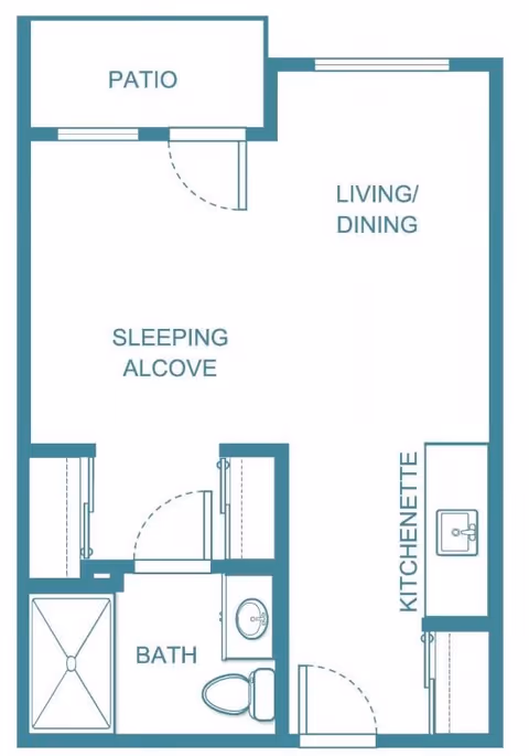 Floor plan of a living space showing a patio, sleeping alcove, living/dining area, kitchenette, and a bathroom with a shower, toilet, and sink.