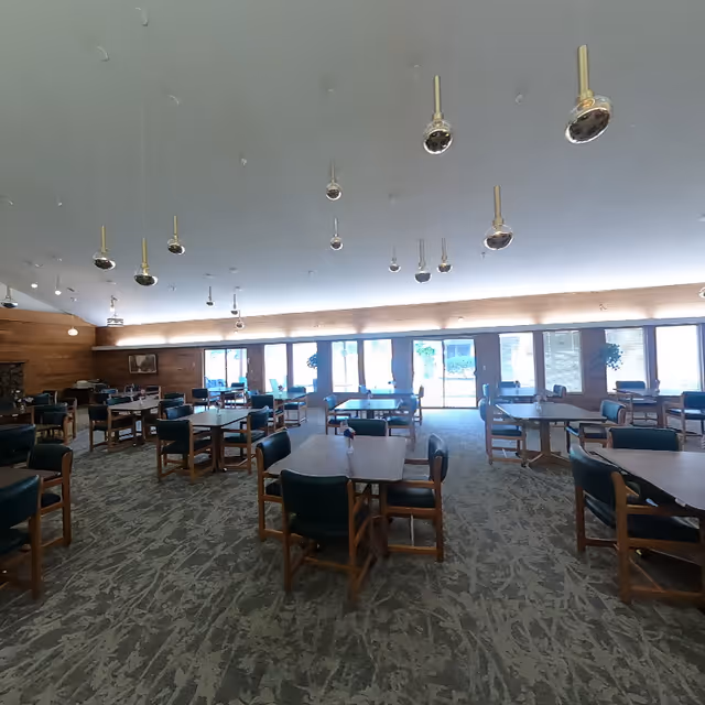 A spacious dining room with multiple wooden tables and green cushioned chairs arranged neatly. The room has large windows letting in natural light, a carpeted floor with a patterned design, and several pendant lights hanging from the ceiling. The walls are partly wooden with some framed artwork and plants near the windows.