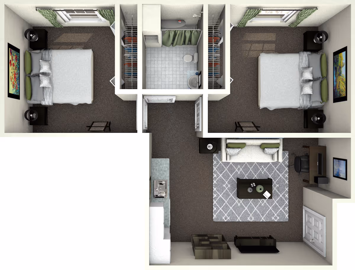 Top-down rendered floor plan of a two-bedroom, one-bath apartment showing two bedrooms, a central bathroom, living area, and a kitchenette.