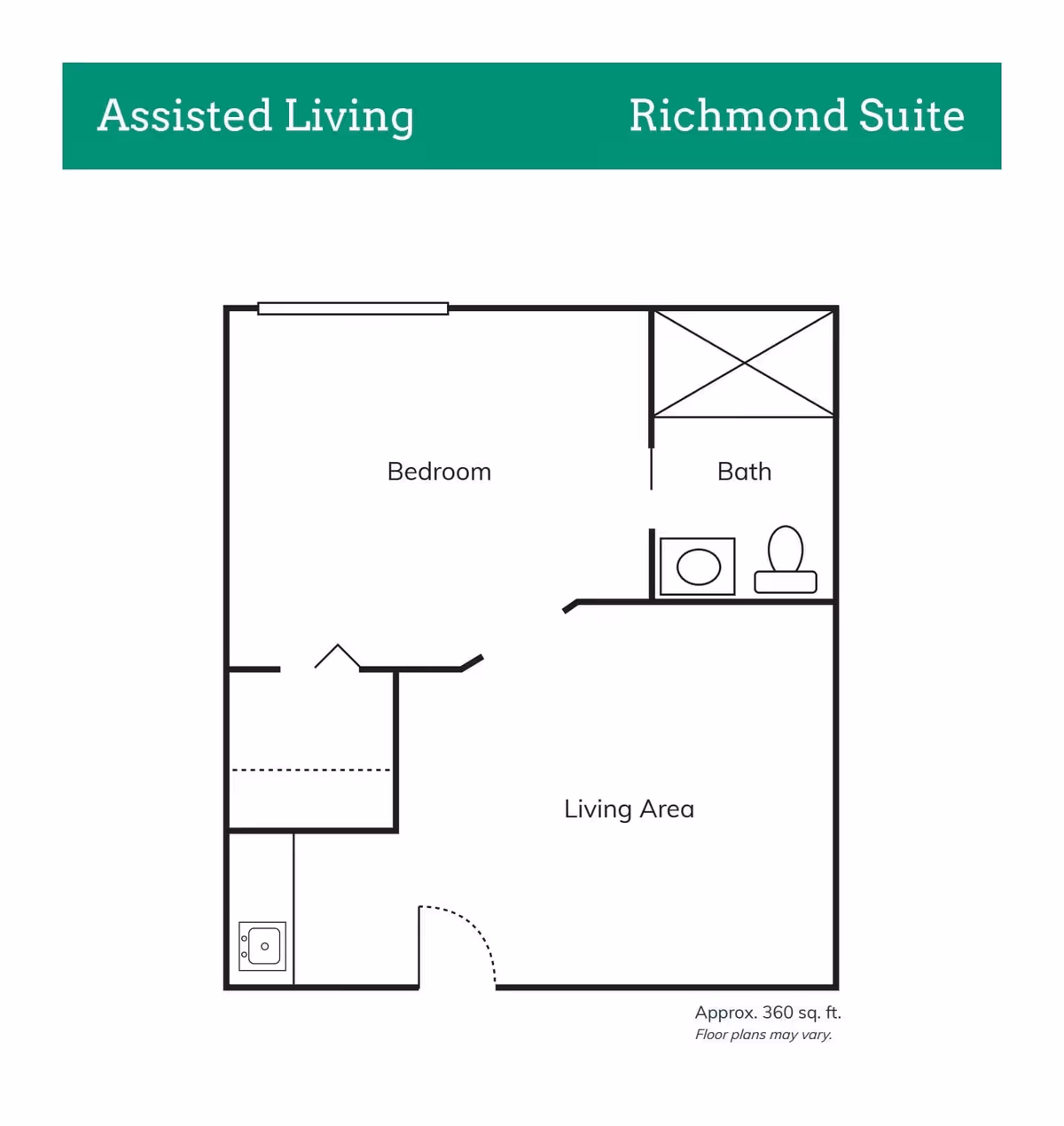 Floor plan of the Richmond Suite at Vista Lake Assisted Living and Memory Care, showing a bedroom, bath, and living area with approximate size of 360 square feet.