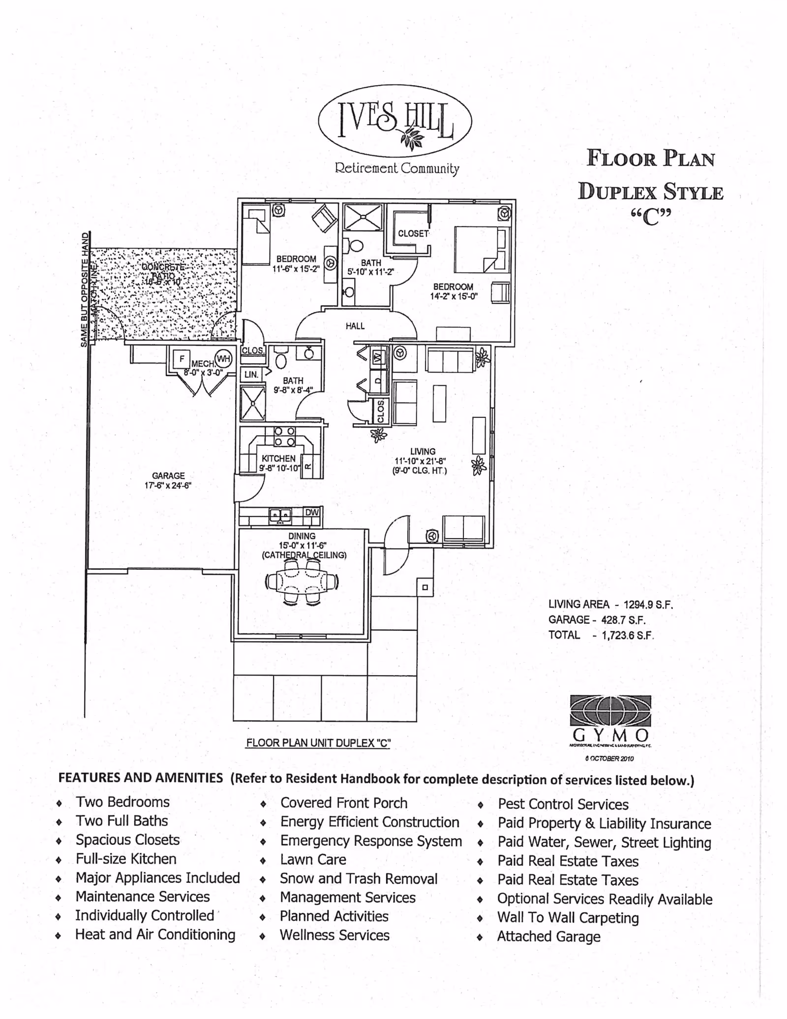 Architectural floor plan of a duplex style unit labeled 'C' at Ives Hill Retirement Community, showing layout with two bedrooms, two full baths, kitchen, dining area, living room, garage, closets, and porch. Features and amenities are listed below the floor plan.