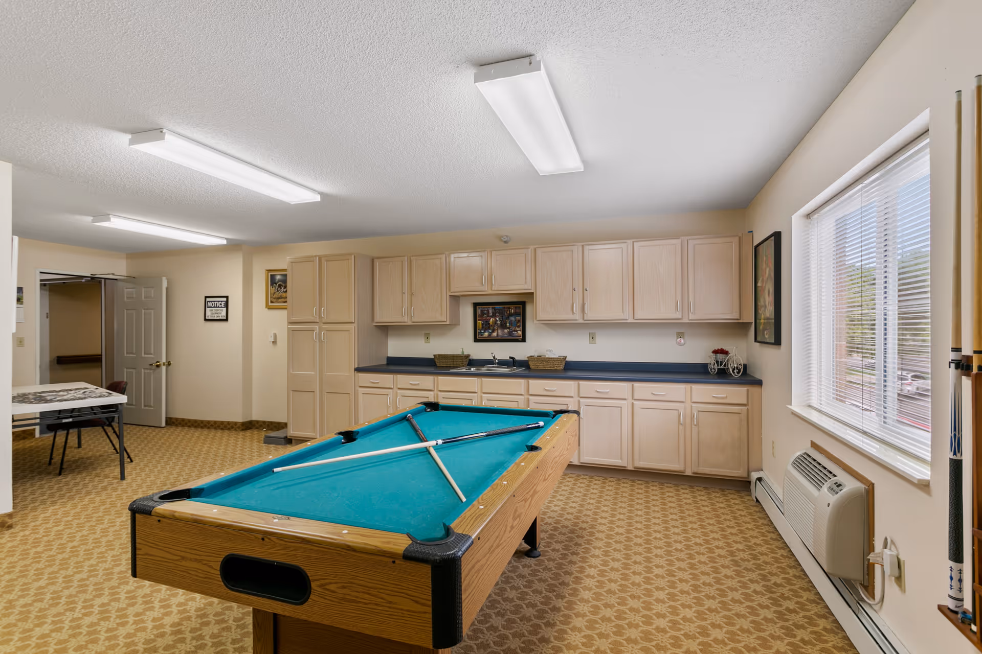 Recreation room with a pool table in the center, cabinets and countertop along the back wall, a folding table to the left, and a window on the right.