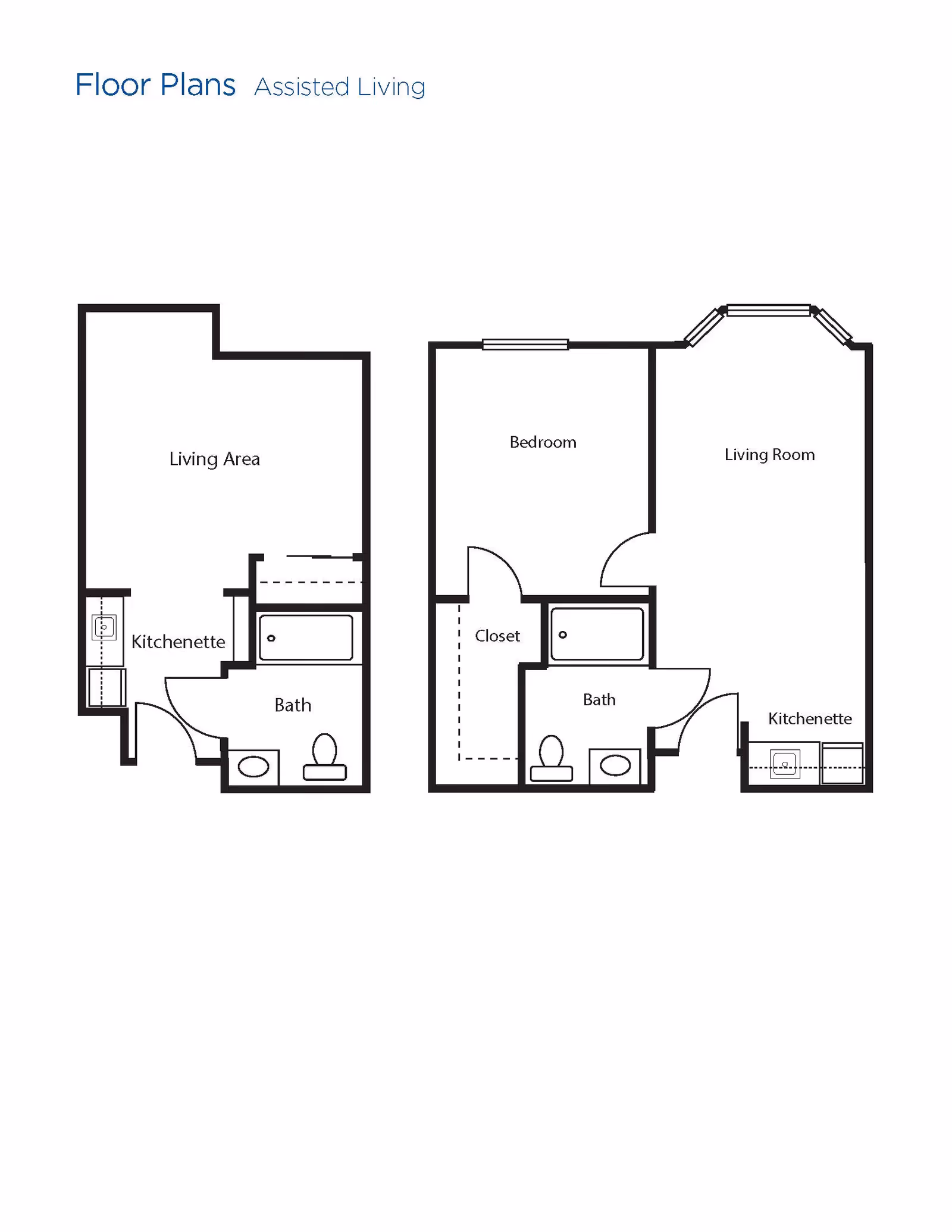 Floor plans for assisted living units showing two layouts. The first layout includes a living area, kitchenette, and bath. The second layout includes a bedroom, closet, bath, living room, and kitchenette.