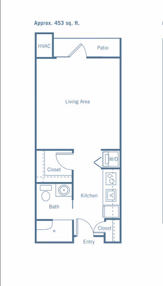 Floor plan of a residential unit approximately 453 square feet, showing an entry leading to a kitchen area with washer/dryer, a closet near the entry, a bathroom with a closet adjacent, a living area, and a patio with HVAC unit.