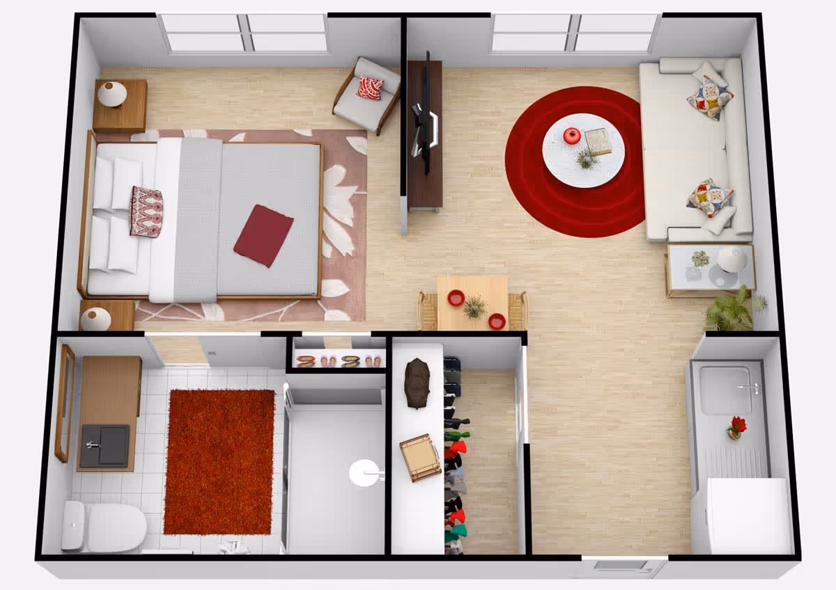 Top-down view of a one-bedroom apartment floor plan showing a bedroom with a bed, nightstands, and a chair; a living room with a sofa, coffee table, TV, and dining table with chairs; a bathroom with a toilet, sink, and shower; a closet with hanging clothes; and a kitchen area with a sink and appliances.