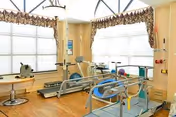 Bright rehabilitation/exercise room with parallel bars, exercise equipment, and large windows with valances.