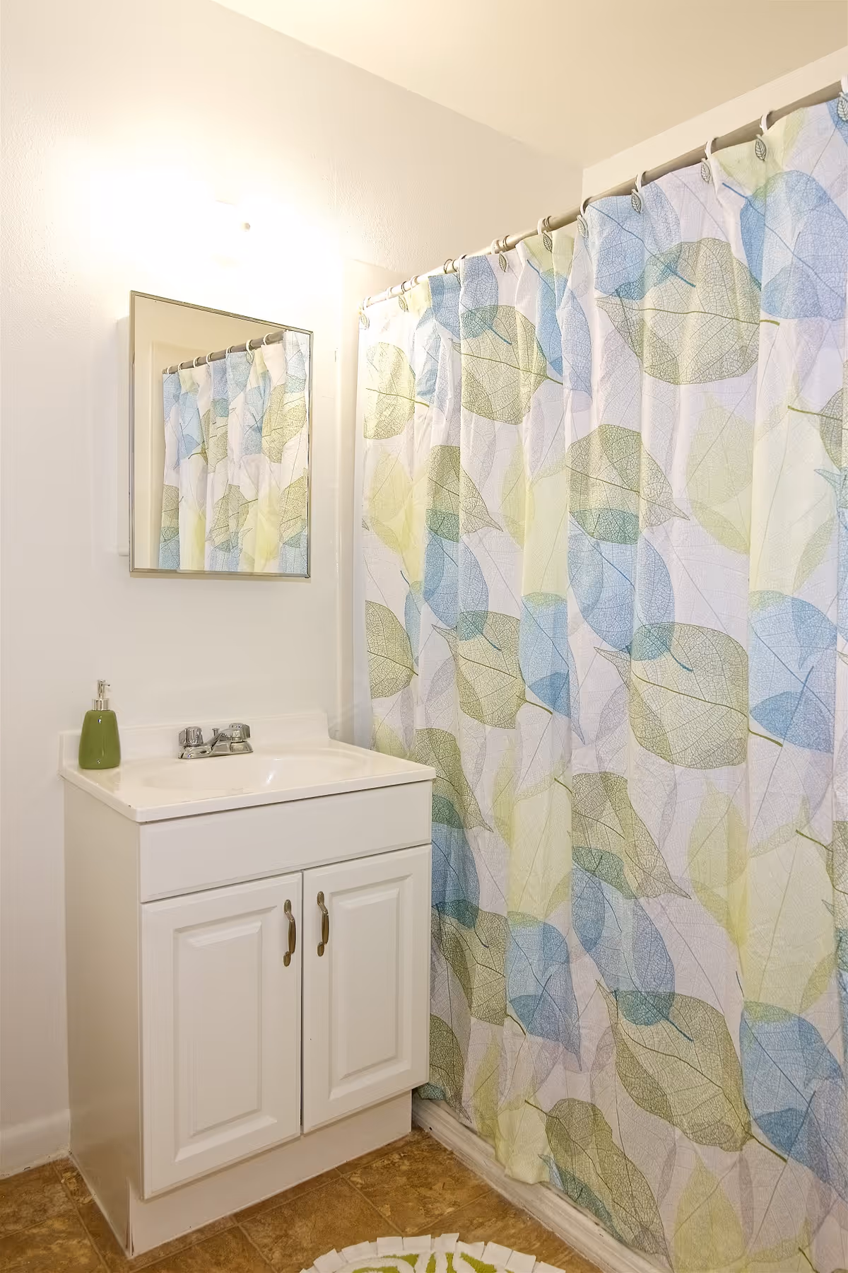 A bathroom with a white vanity cabinet and sink, a rectangular mirror above the sink, a green soap dispenser on the vanity, and a shower with a curtain featuring a pattern of blue and green leaves.