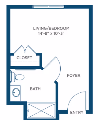 Architectural floor plan of a small living space labeled Somerby Peachtree City, showing a combined living/bedroom area measuring 14 feet 8 inches by 10 feet 3 inches, a closet, a bathroom with a toilet, sink, and bathtub, a foyer, and an entry door.
