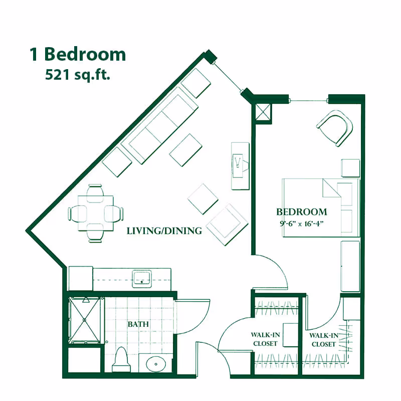 Floor plan of a one-bedroom apartment with 521 square feet, showing a living/dining area, bedroom measuring 9 feet 6 inches by 16 feet 4 inches, bathroom, kitchen area, and two walk-in closets.