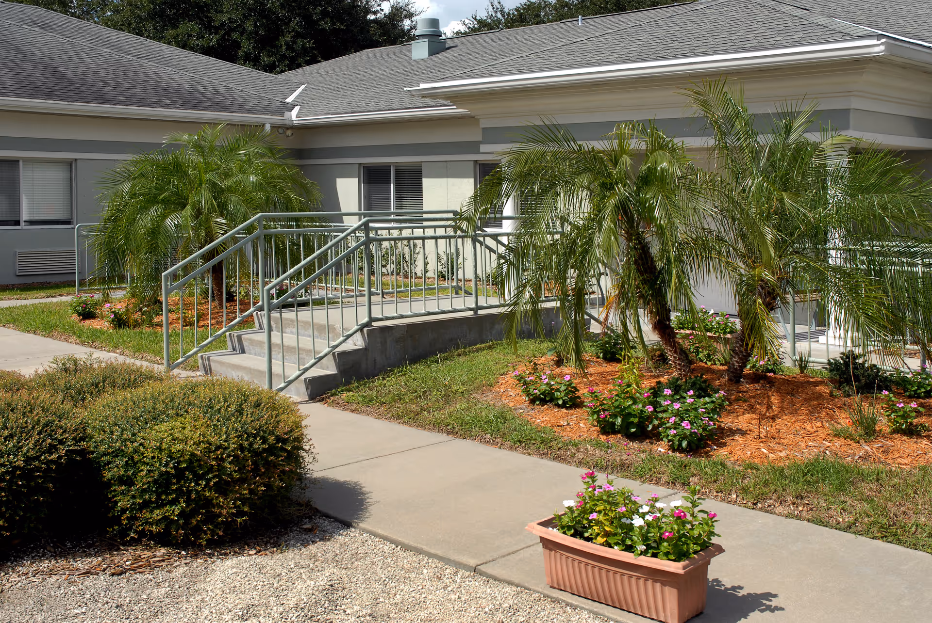 Exterior view of a single-story building entrance with a ramp, stairs, palm landscaping, and potted flowers.