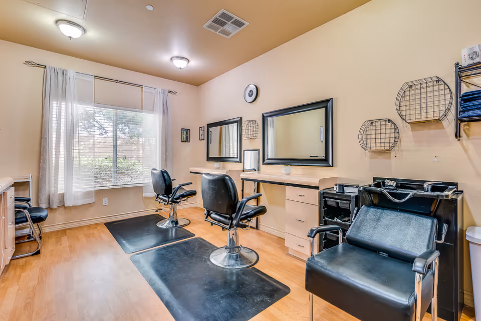 Interior salon with styling chairs, mirrors, and a shampoo station next to a window.