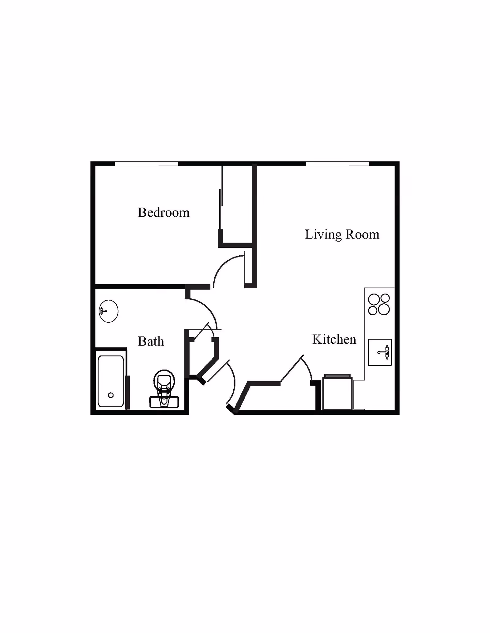 Black and white architectural floor plan showing a one-bedroom apartment layout with labeled areas for Bedroom, Bath, Living Room, and Kitchen. The Bath includes a bathtub, toilet, and sink. The Kitchen has a stove and sink. Doors and walls are clearly marked.