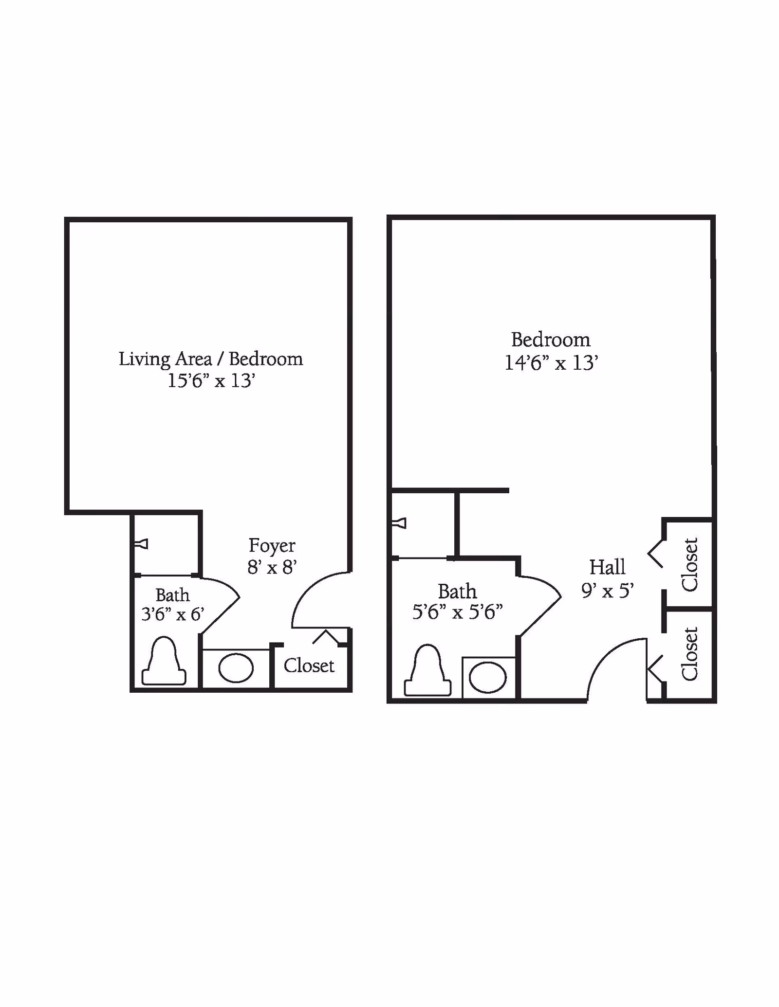 Architectural floor plan showing two layouts. The first layout includes a living area/bedroom measuring 15'6" x 13', a foyer 8' x 8', a bath 3'6" x 6', and a closet. The second layout includes a bedroom 14'6" x 13', a hall 9' x 5', a bath 5'6" x 5'6", and two closets.