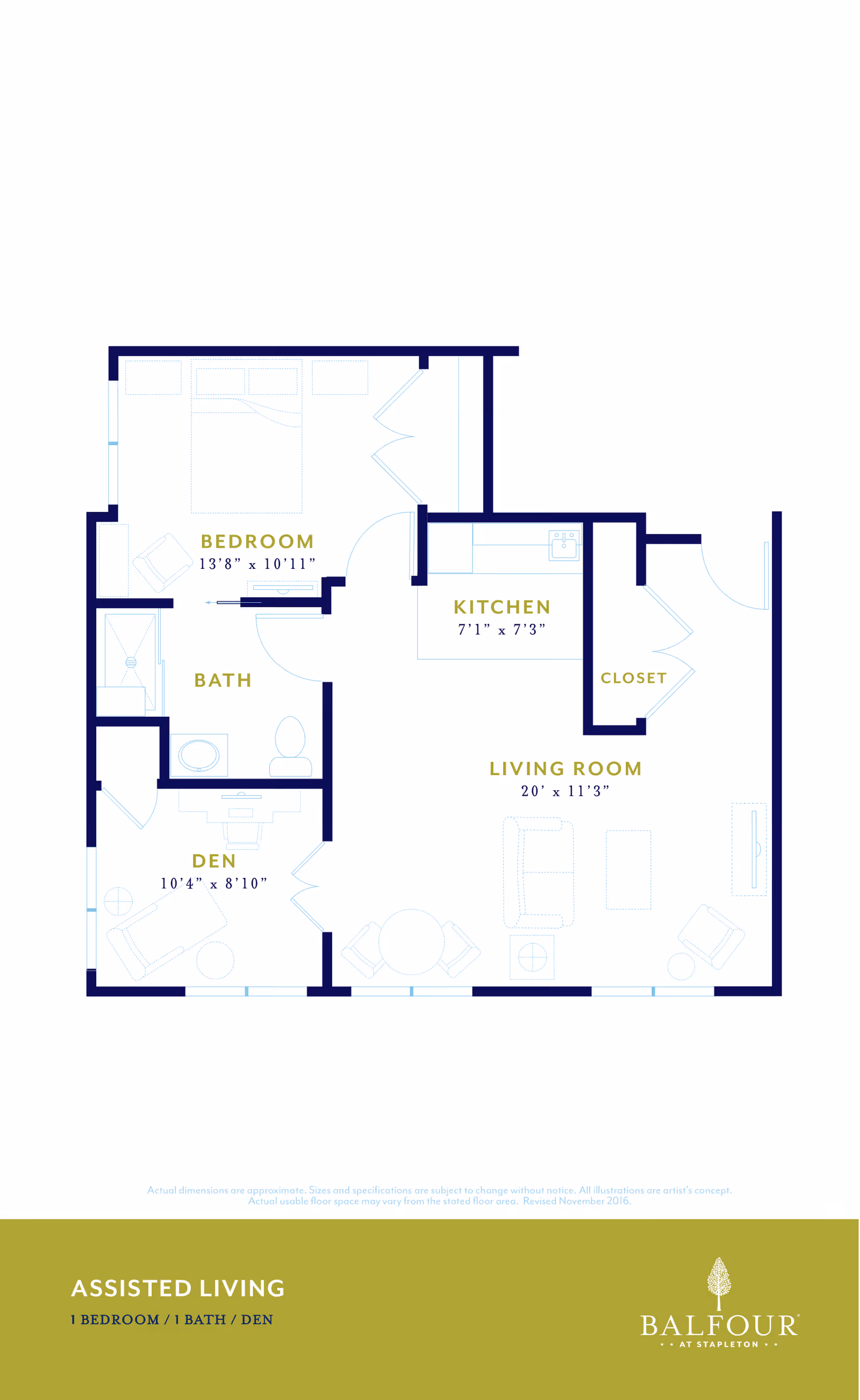 Floor plan of an assisted living unit at Balfour Central Park showing a bedroom, bathroom, den, kitchen, living room, and closet with dimensions for each room.